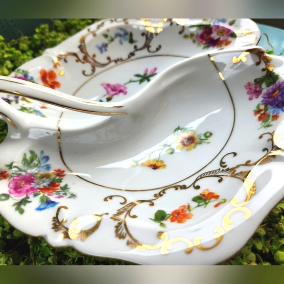 VICTORIA 50s Rare #222 Pink Roses Czech Multi Floral Relish Candy w Handle Dish - Picture 4 of 12